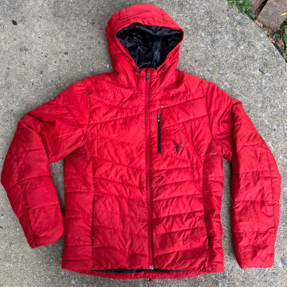 Spyder Mens Red Down Puffer Jacket Hooded Ripstop Quilted Coat Medium